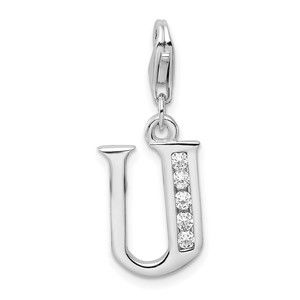 925 Sterling Silver Polished CZ Letter U Initial Bracelet Charm Lobster Clasp